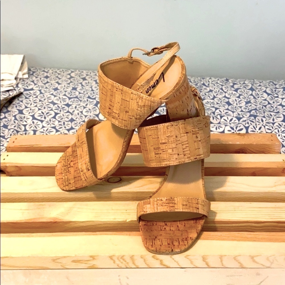 Women’s Lemon Drop by Privileged Faux Cork Slingback Square Toe Wedges Heels